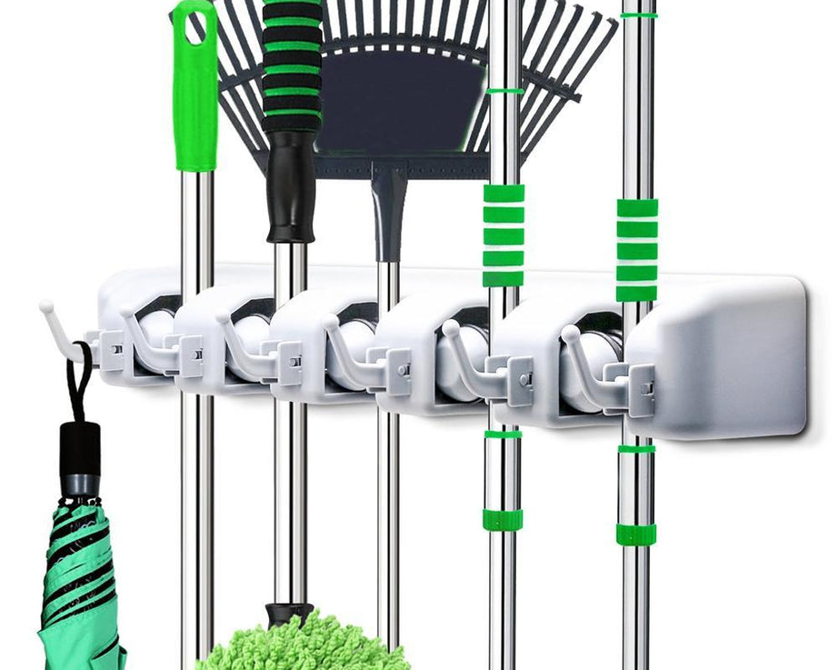 5-layer wall-mounted organizer for mops and brooms.