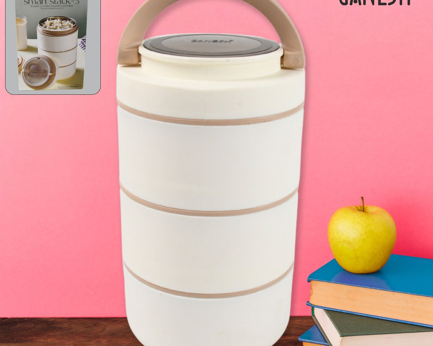 Ganesh Smart Stack 3 Layer Portable Lunch Box Stainless Steel Airtight Leak-Proof Lunch Box for Office, School, Picnic: Color May Vary (3 Layer)