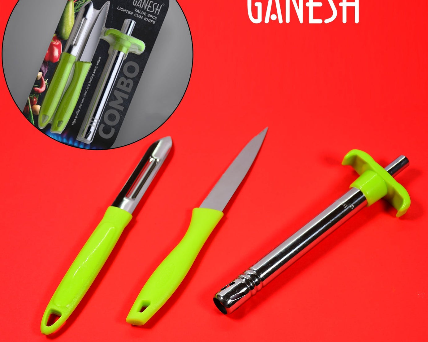 Multipurpose lighter, knife, and peeler set from Ganesh