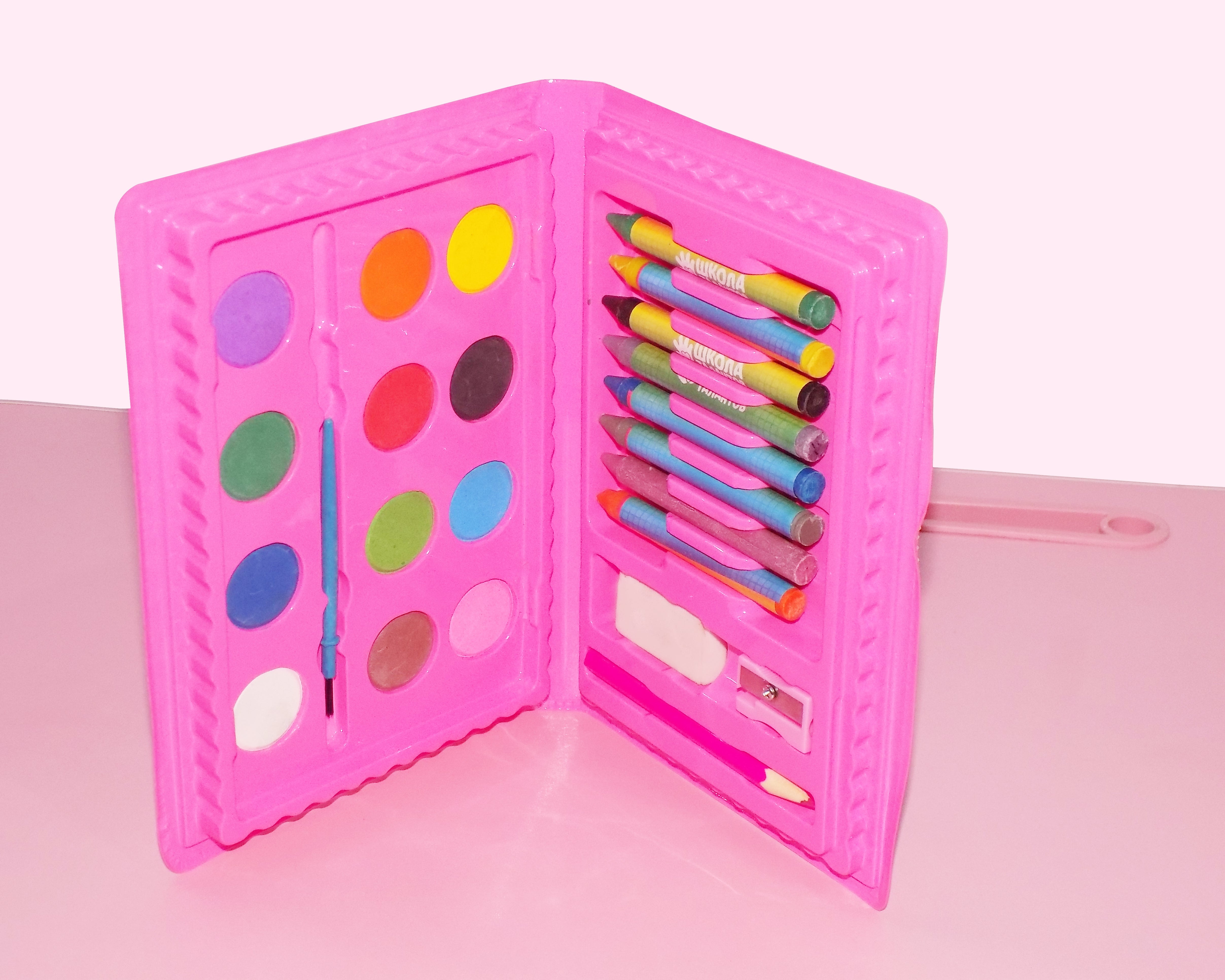 Box of 24 art colors including crayons, markers, and paint.