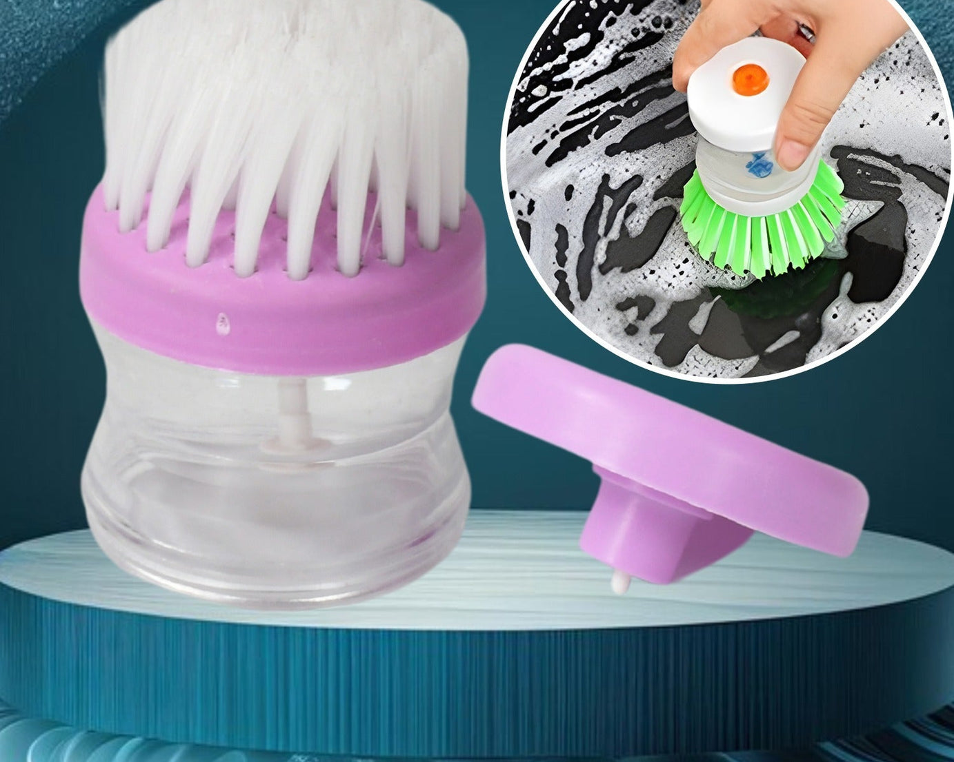 Plastic wash basin brush cleaner with liquid soap dispenser, multicolour.