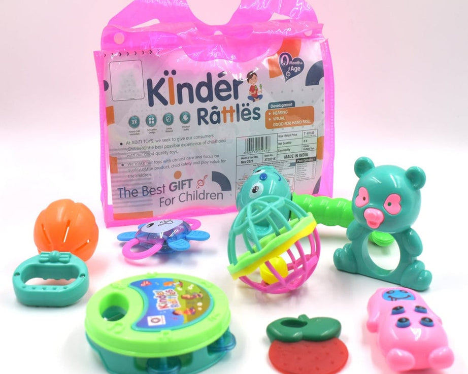 Collection of colorful and engaging baby rattles for sensory stimulation and fun.
