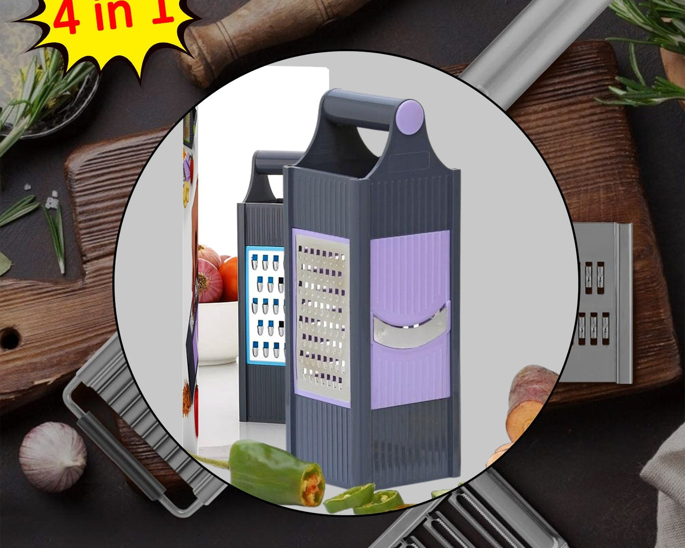 Multi-functional plastic grater with four different blades for fruits and vegetables