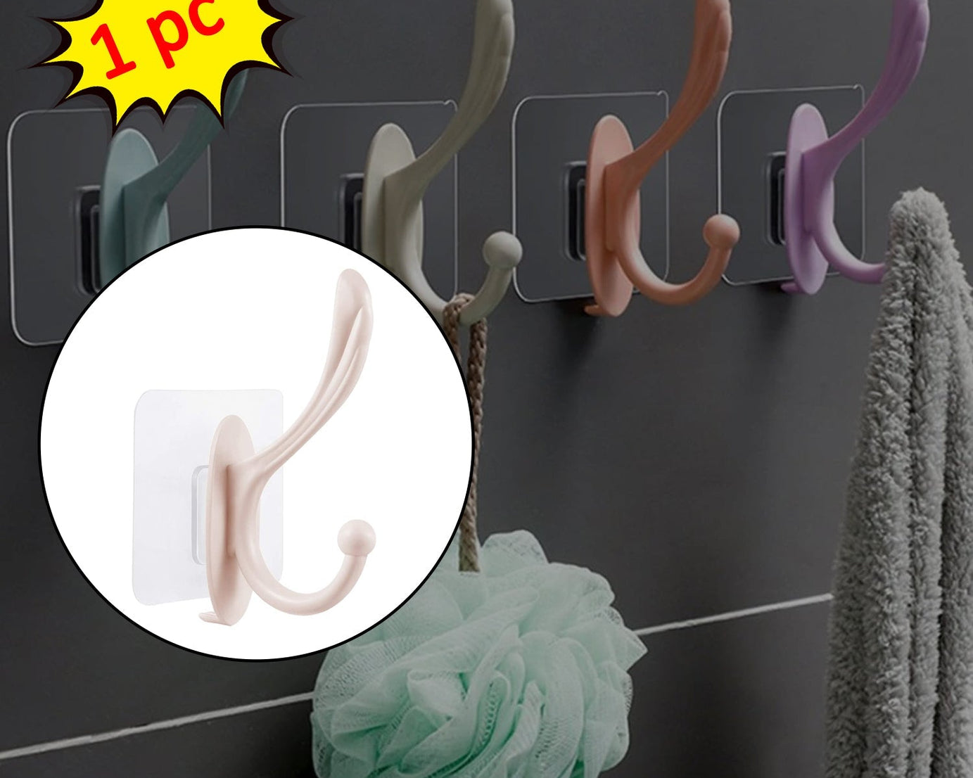 Wall hook with self-adhesive backing, plastic material.