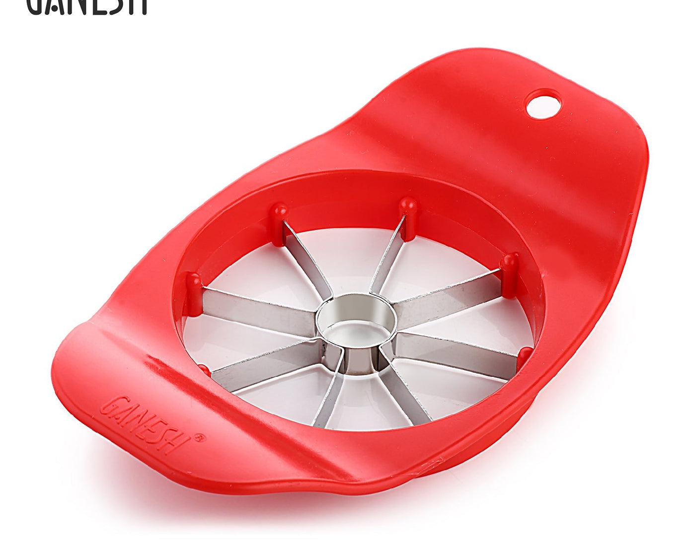 Apple cutter by Ganesh, plastic and stainless steel, color may vary.