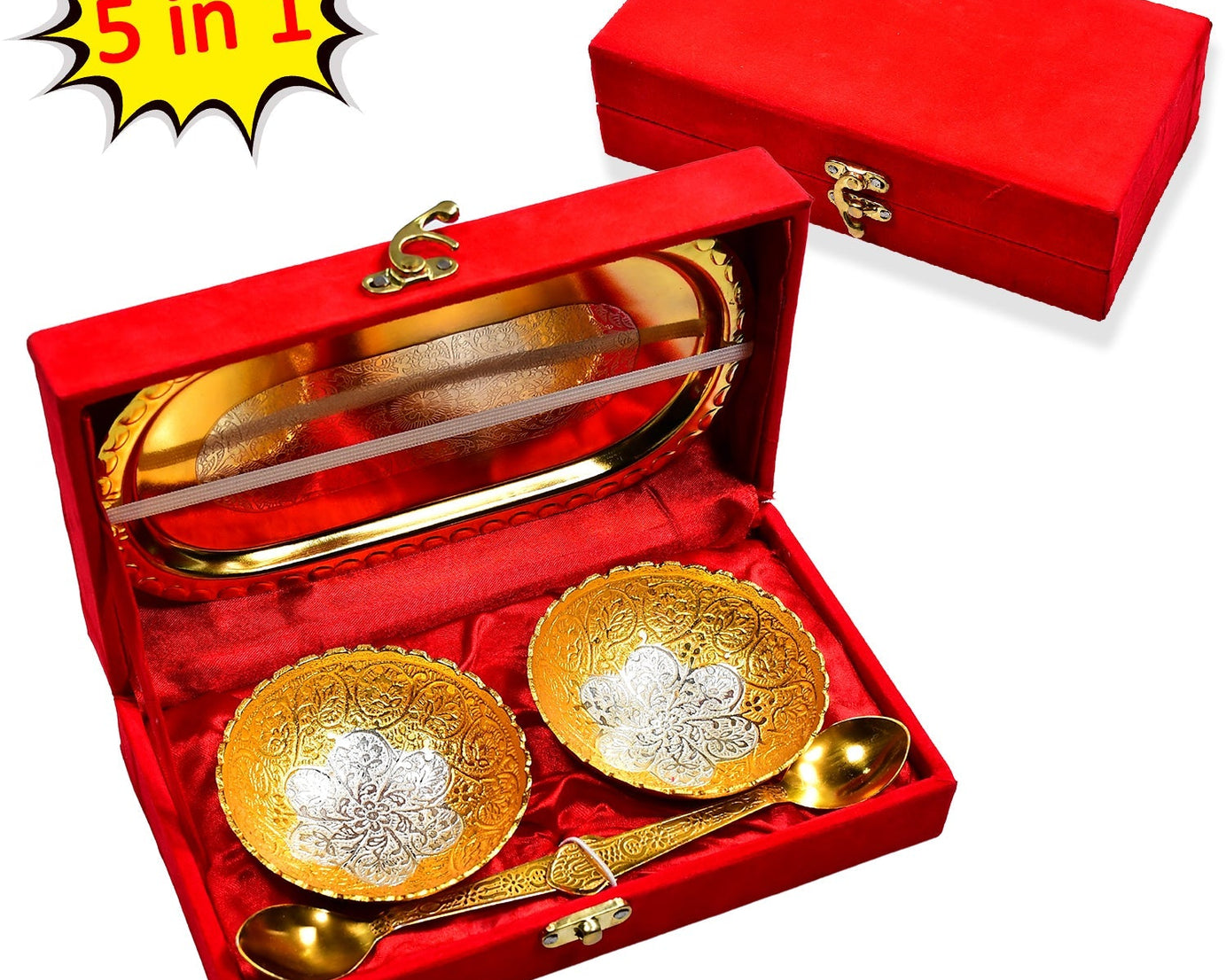 Brass tray set with two bowls and spoons, gold and silver plated, in a red velvet gift box.