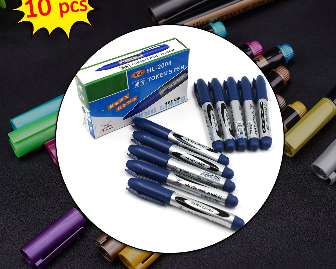 Blue marker and pen set, ideal for whiteboards and classrooms.