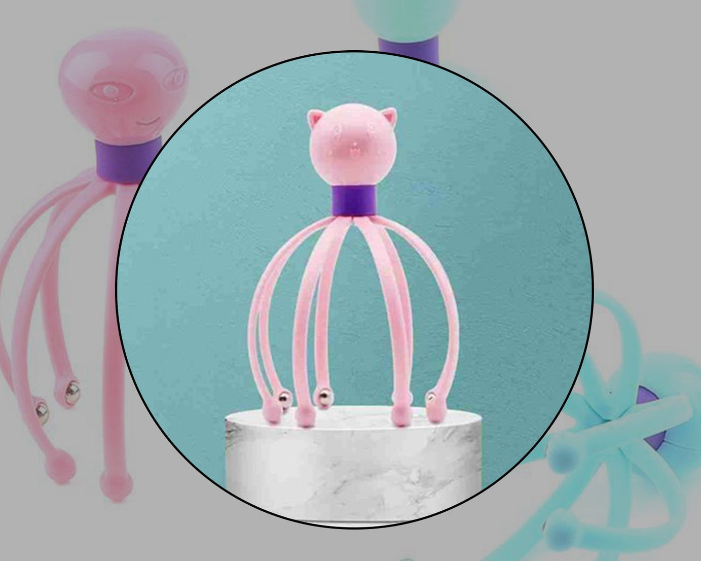 Stress relief scalp massager in an octopus design, highlighting its therapeutic benefits
