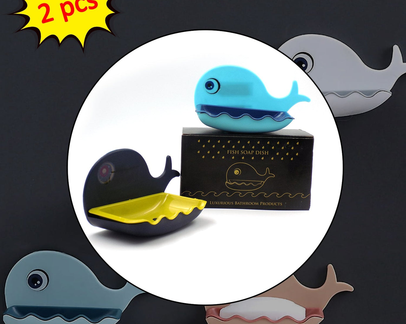 fish-shaped soap dish, showing adhesive backing for wall mounting and waterproof design