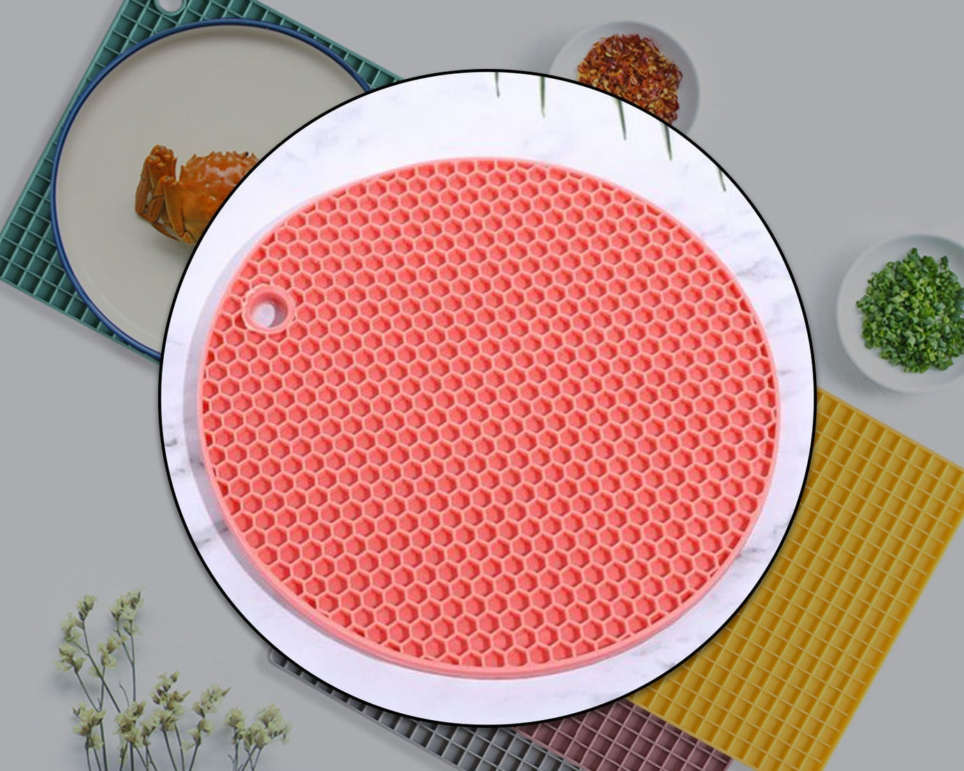 Close-up of a silicone hot mat with a textured surface for heat resistance.