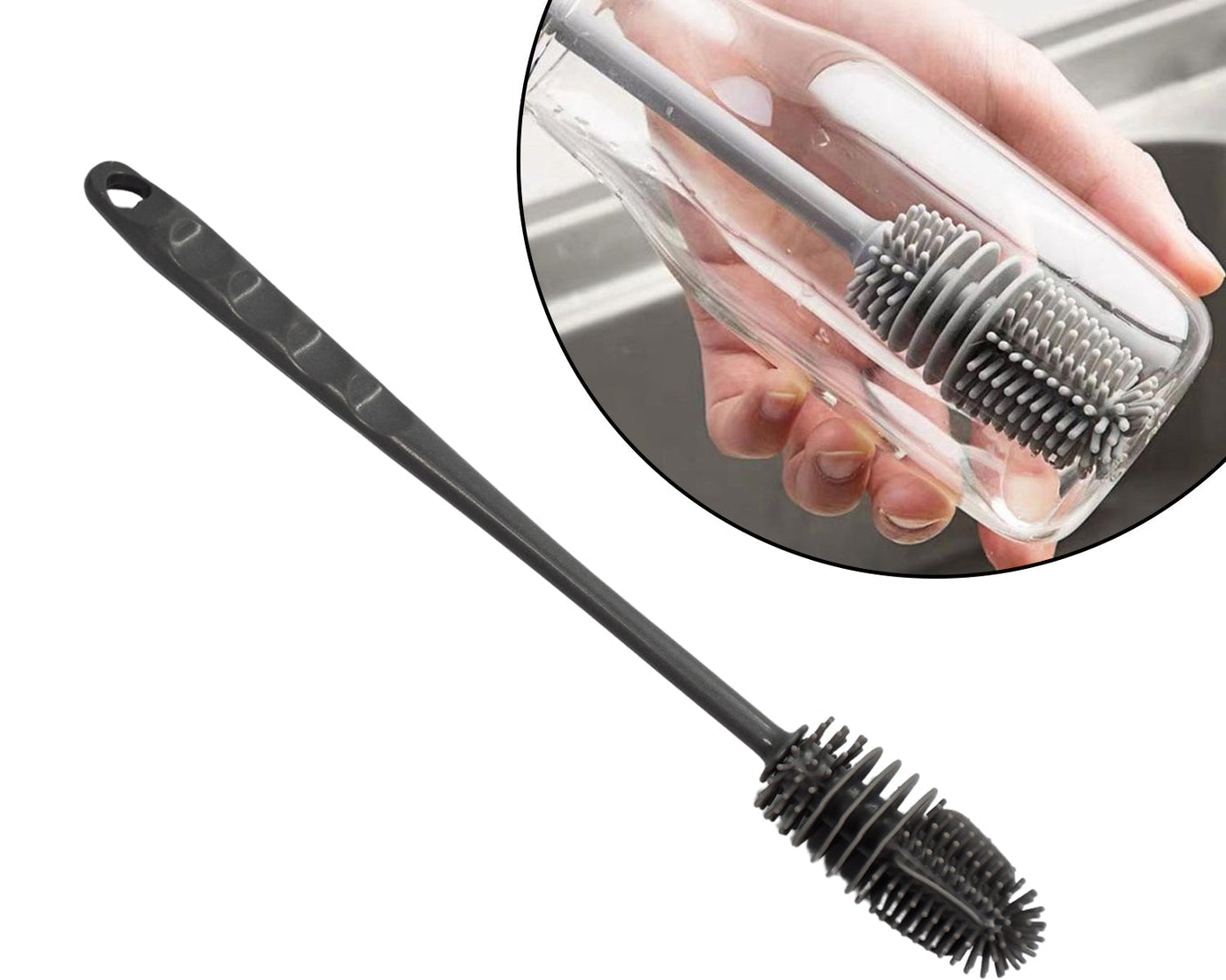Flexible bottle brush for food-safe cleaning.