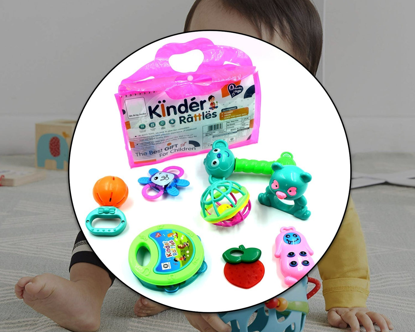 Vibrant baby rattle with multiple colors and patterns for early childhood engagement.