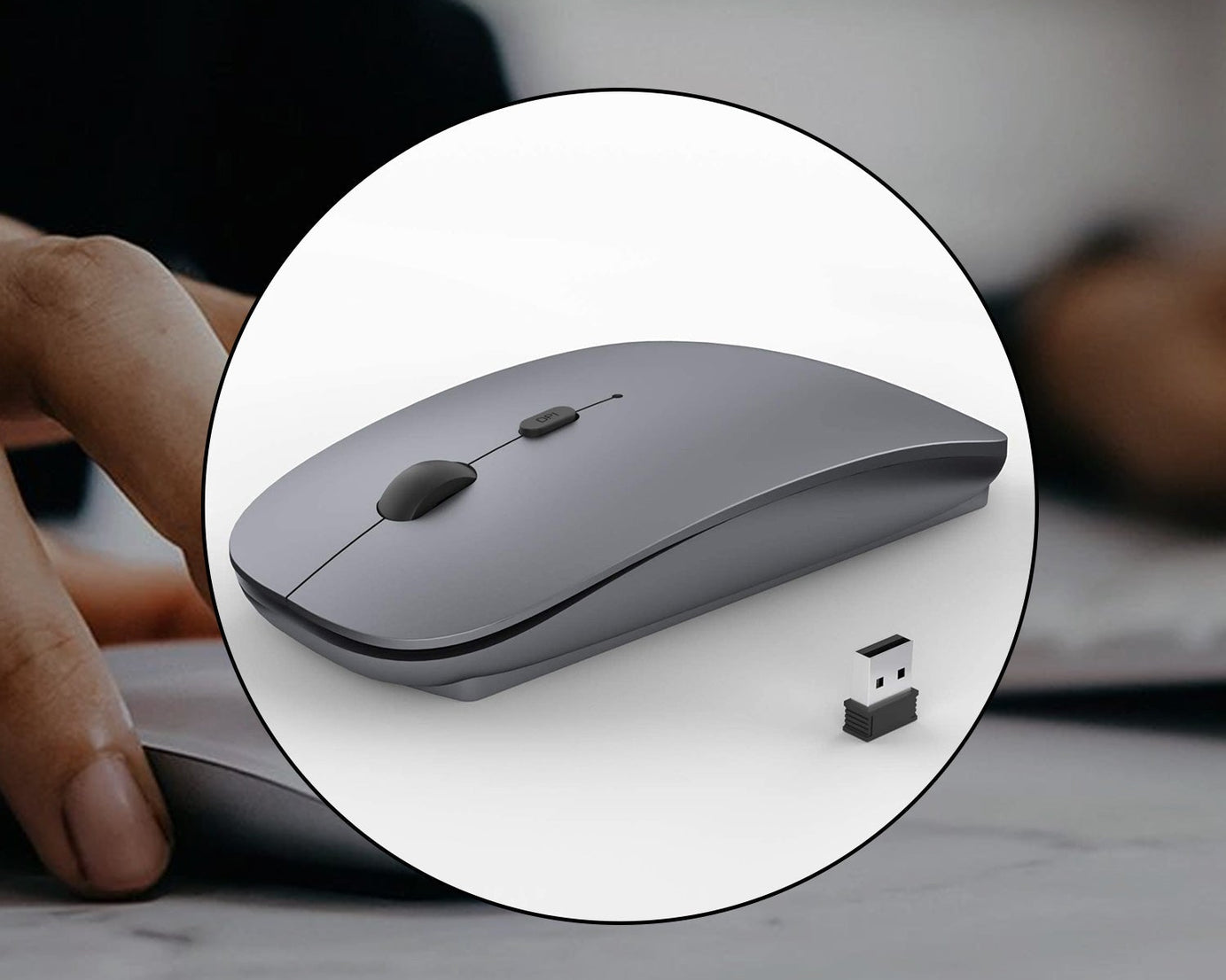 Compact wireless mouse compatible with laptops, PCs, and Mac.