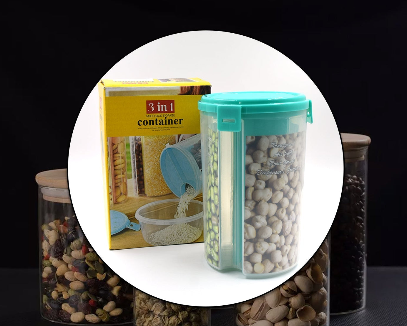 Three-in-one airtight storage container with a clear design and packaging box.