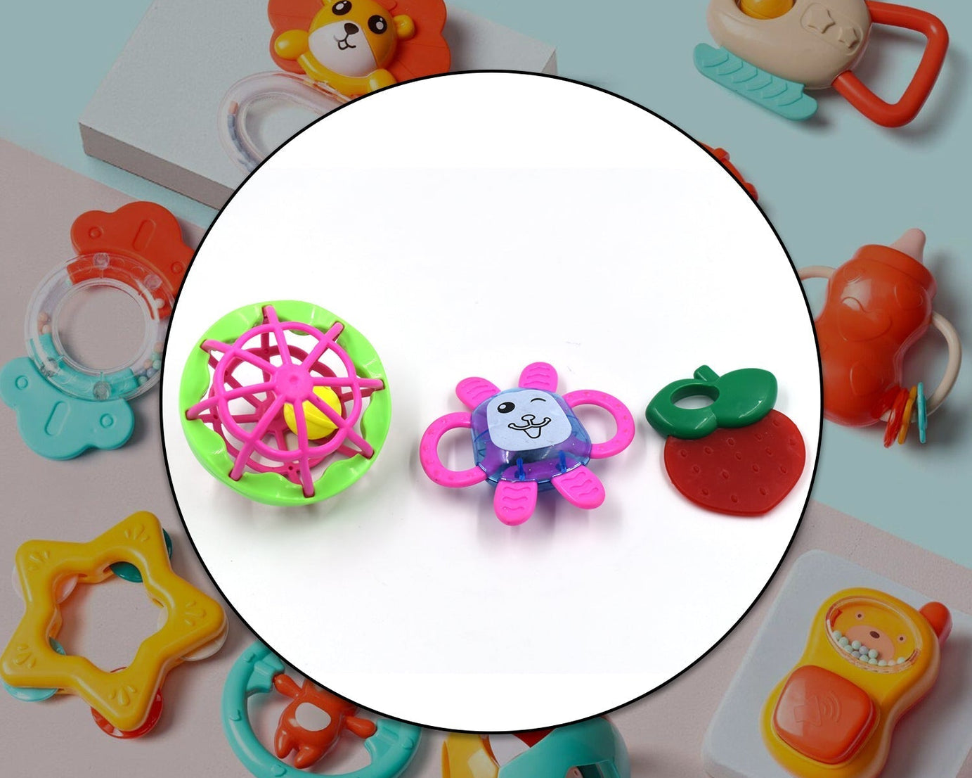 Three vibrant baby rattles with different textures for engaging playtime.