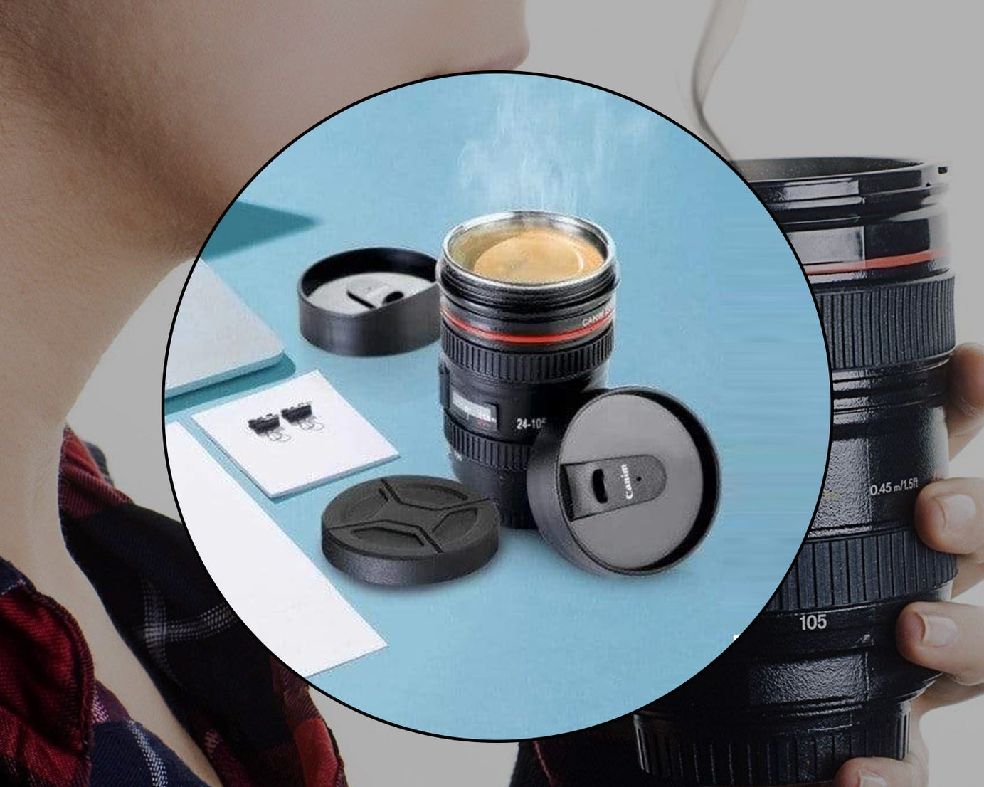 Stainless steel coffee mug with a plastic camera lens design, highlighting the unique shape