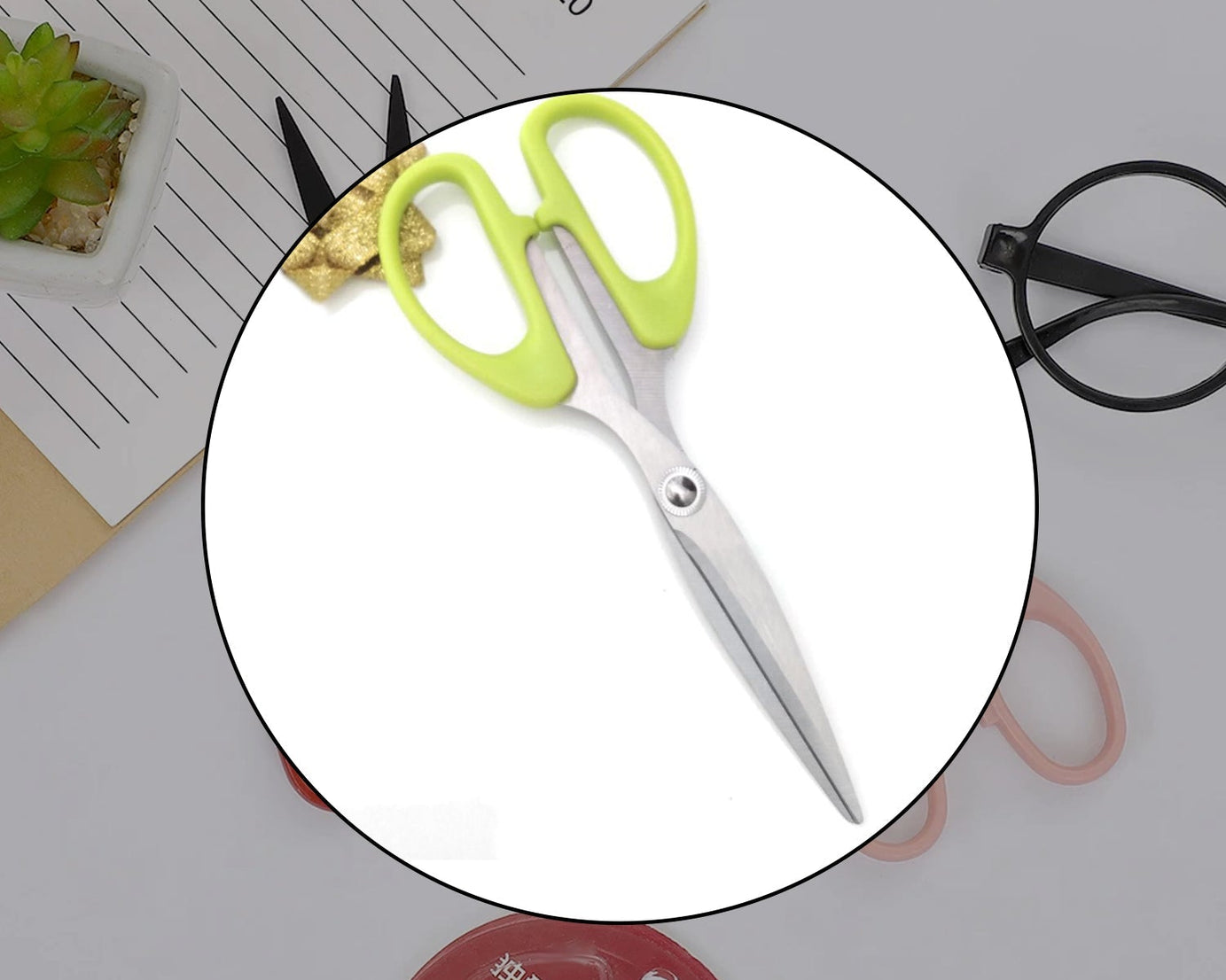 the stainless steel scissors, highlighting the plastic handle grip and sharp blades