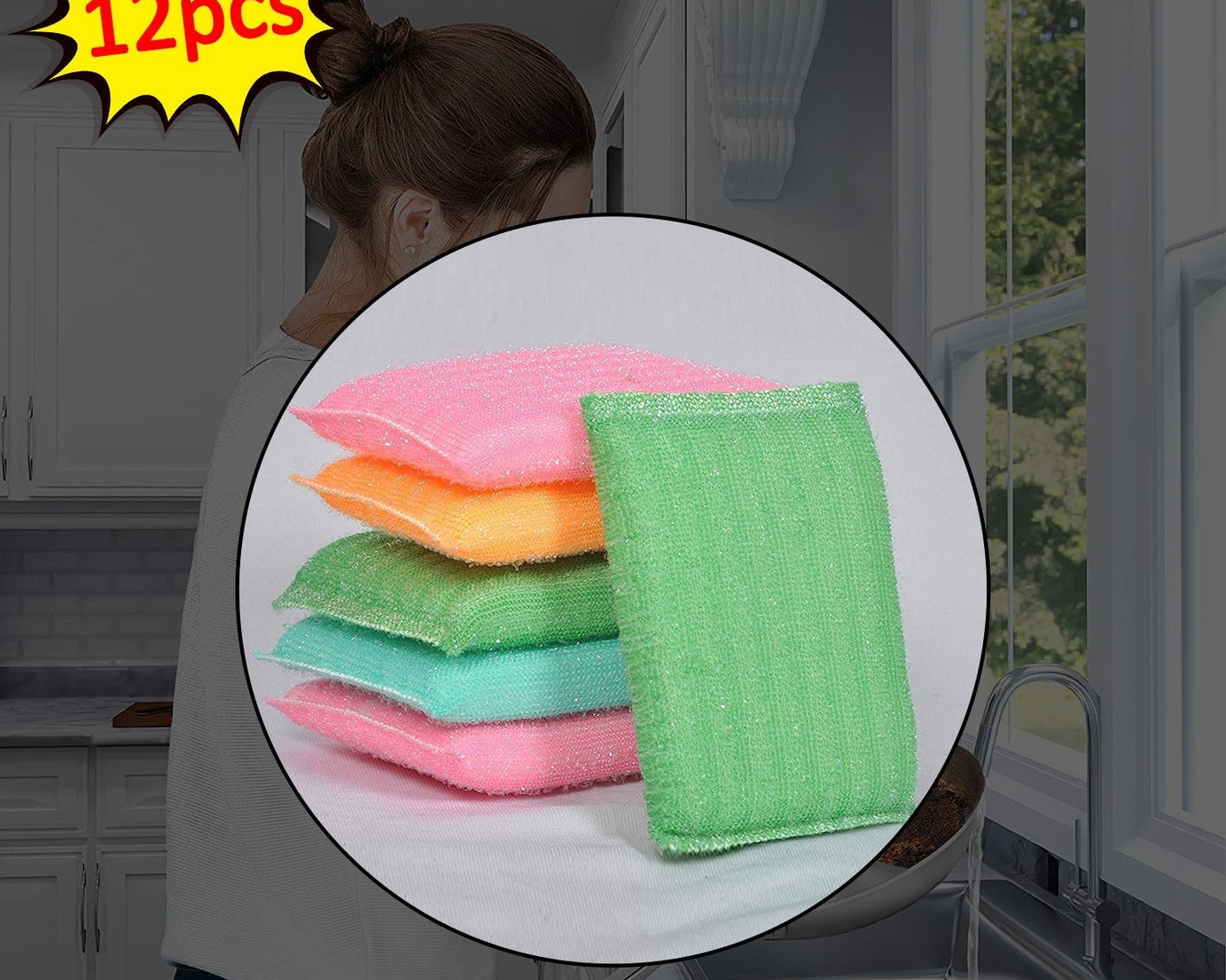 Kitchen scrubber pads, pack of 12, scratch-resistant and durable.