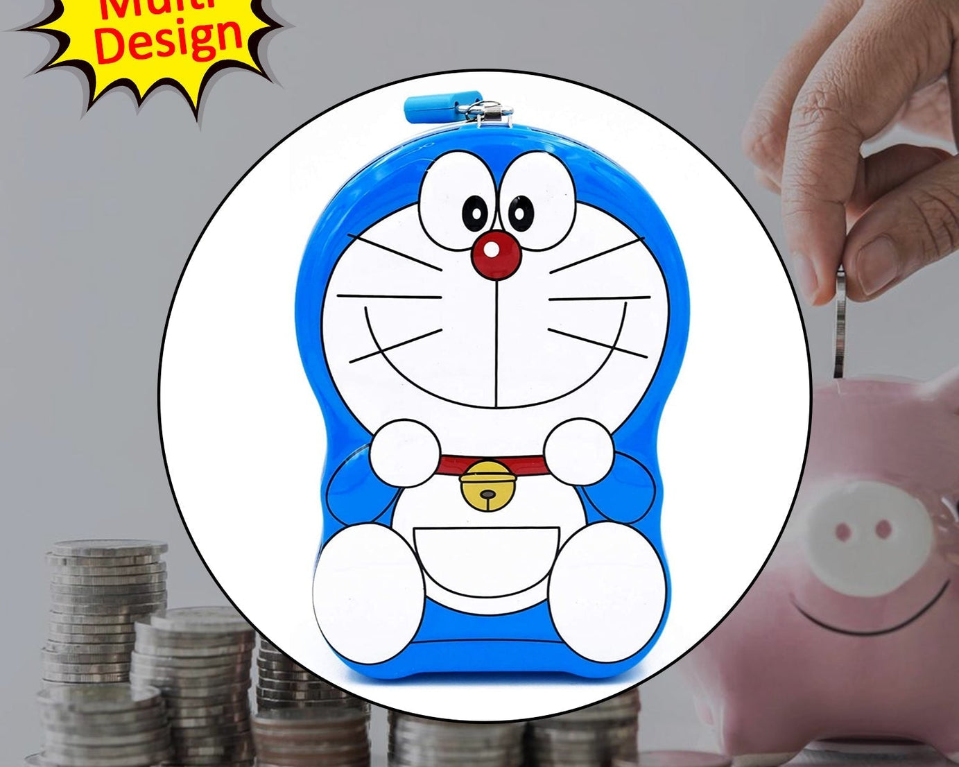 Cartoon character piggy bank made of metal for storing coins and money