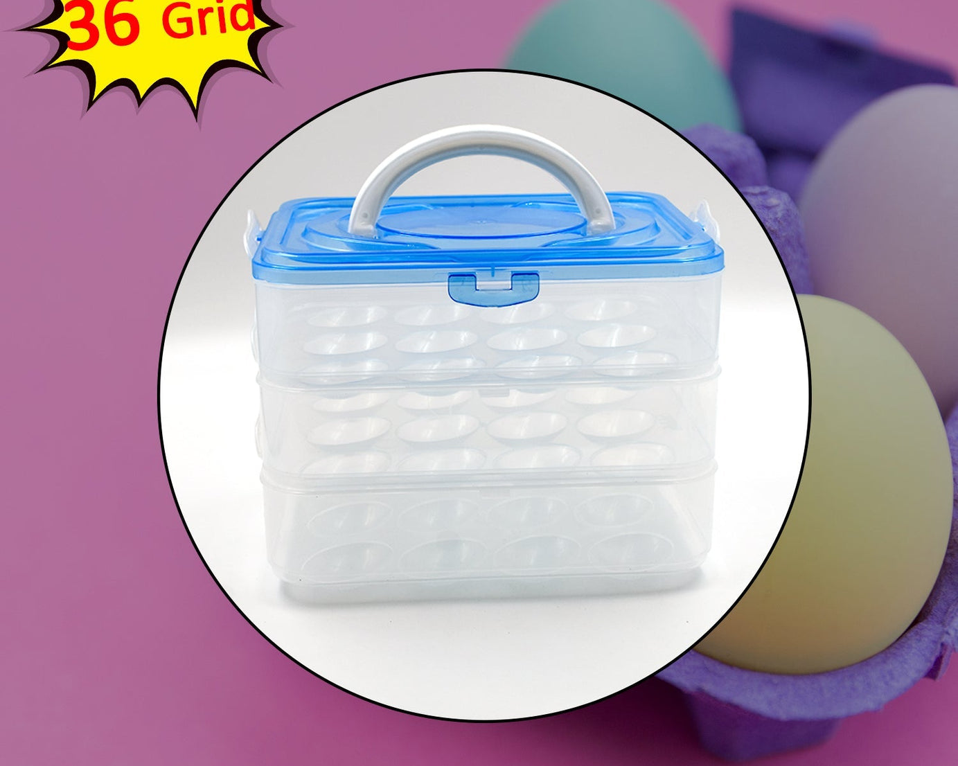 3-layer egg storage container with 36 compartments, ideal for fridge organization