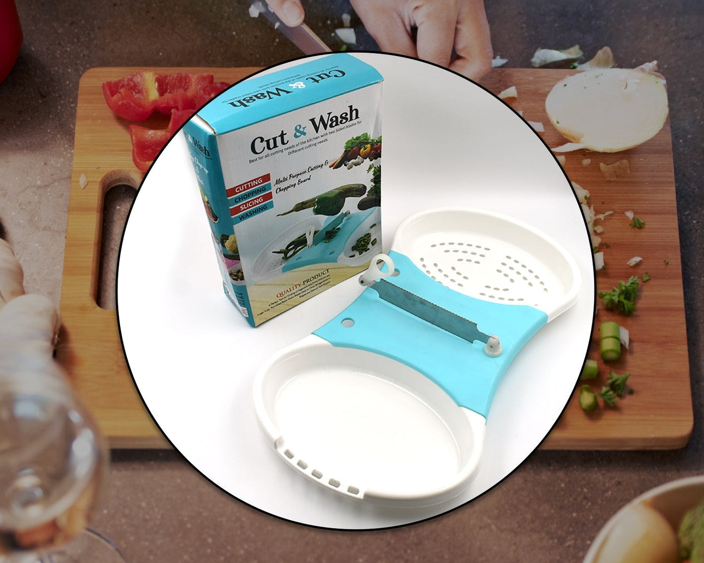 Handy cut and wash kitchen tool for washing and cutting fruits and veggies.