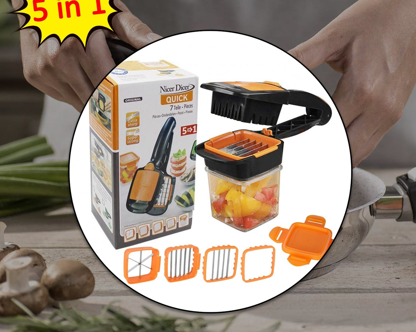 Versatile kitchen dicer for slicing and chopping vegetables.