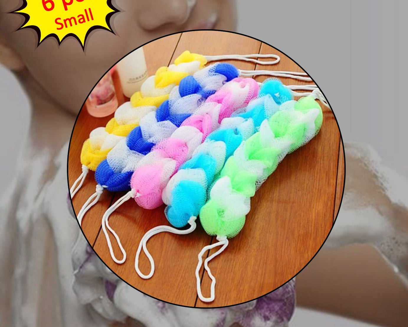 Compact loofah pouf, pack of 6, perfect for refreshing bath experience.