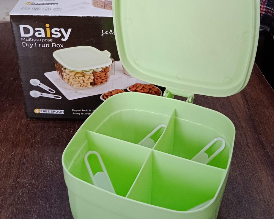 Fancy masala box featuring four compartments for organized kitchen storage.