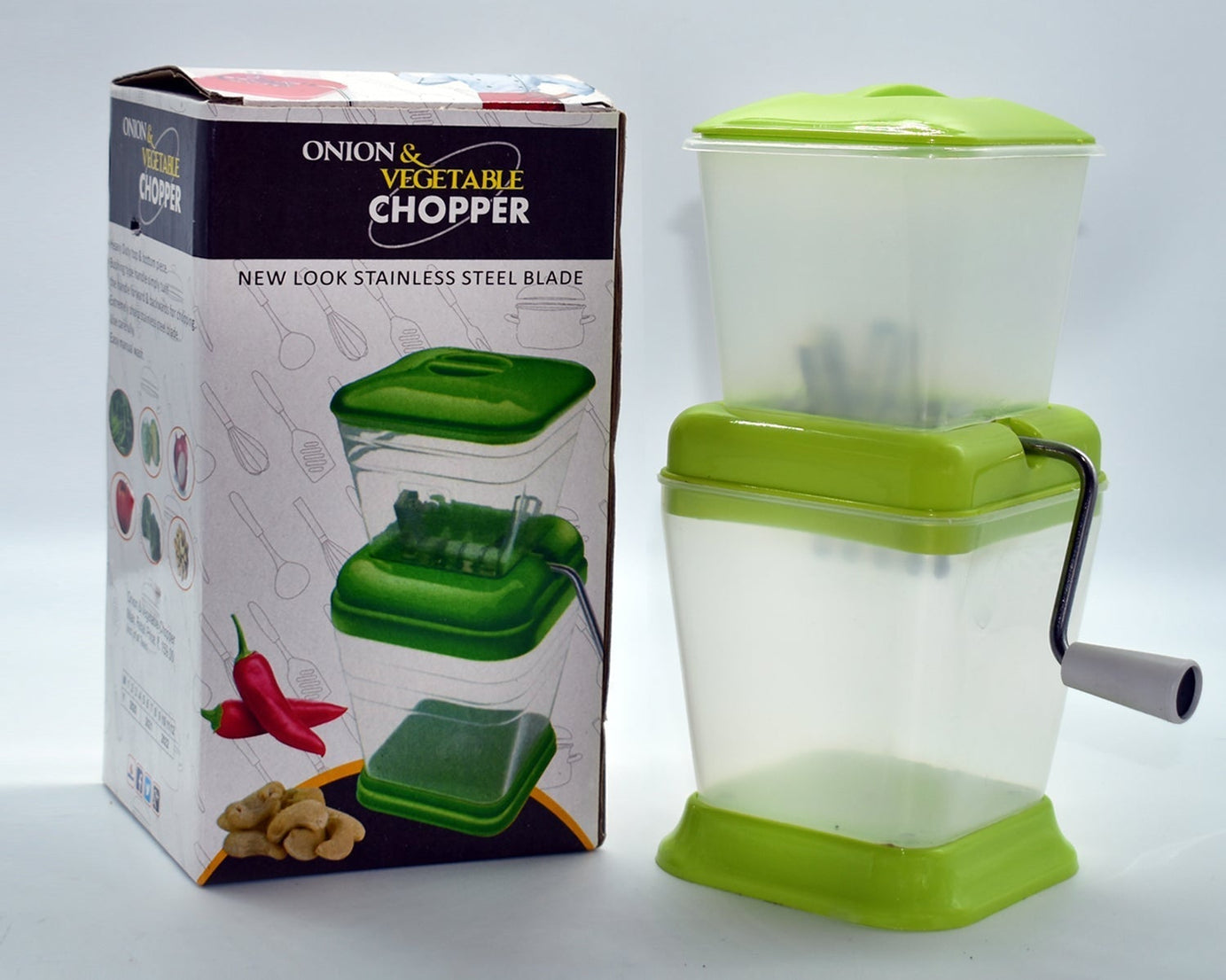 Quick vegetable chopper for onions with rotating blade.