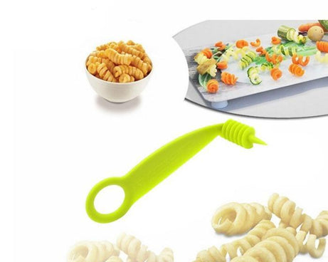 Plastic spiral vegetable cutter for creating decorative veggie spirals for salads and garnishes.