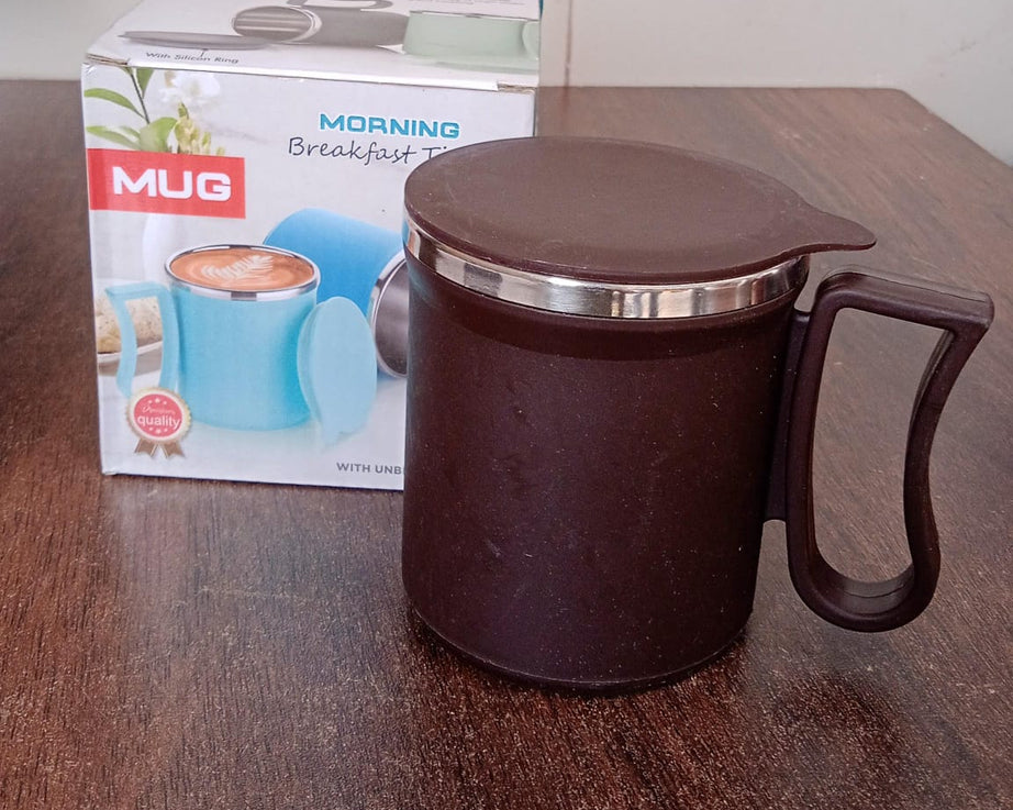 Coffee Mug with Lid and Handle-Plastic Covered Stainless Steel Mug (Random Color, Approx 200 ML)