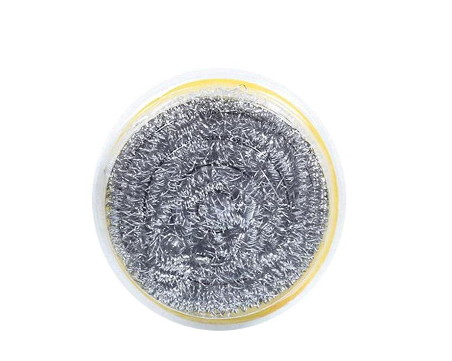 Durable stainless steel kitchen scrubber for removing tough stains and grease from cookware.