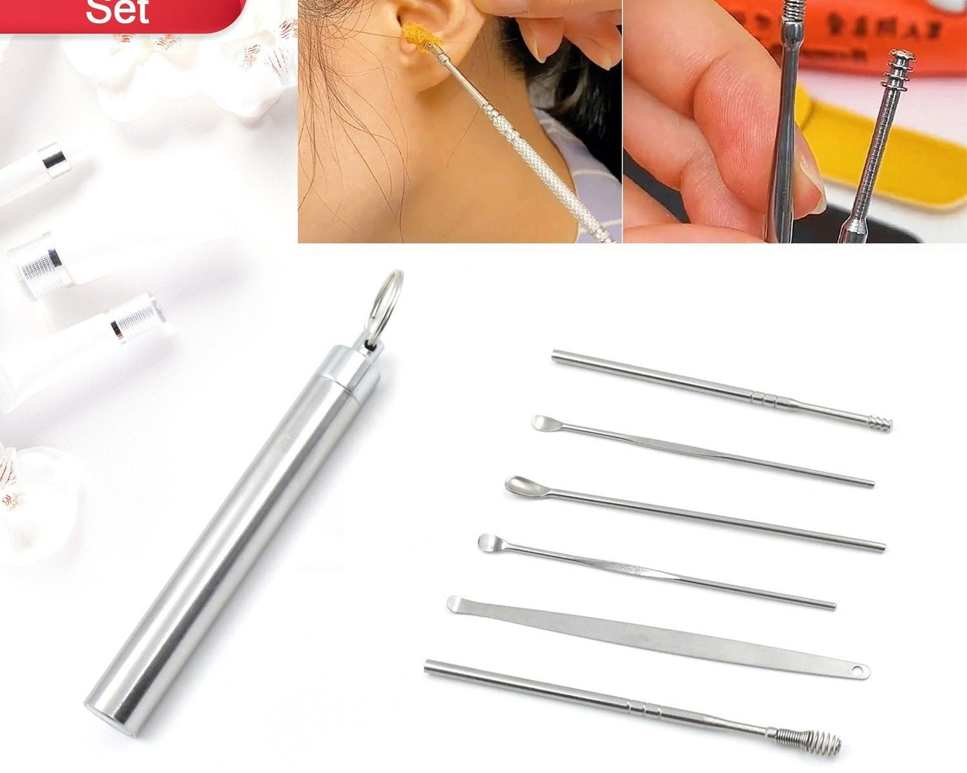 6Pcs Ear wax Removal Kit With Keychain Holder | Ear Cleansing Tool Set | Ear Curette Ear Wax Remover Tool for Outdoor Camping Travel Picnic (6 Pc)