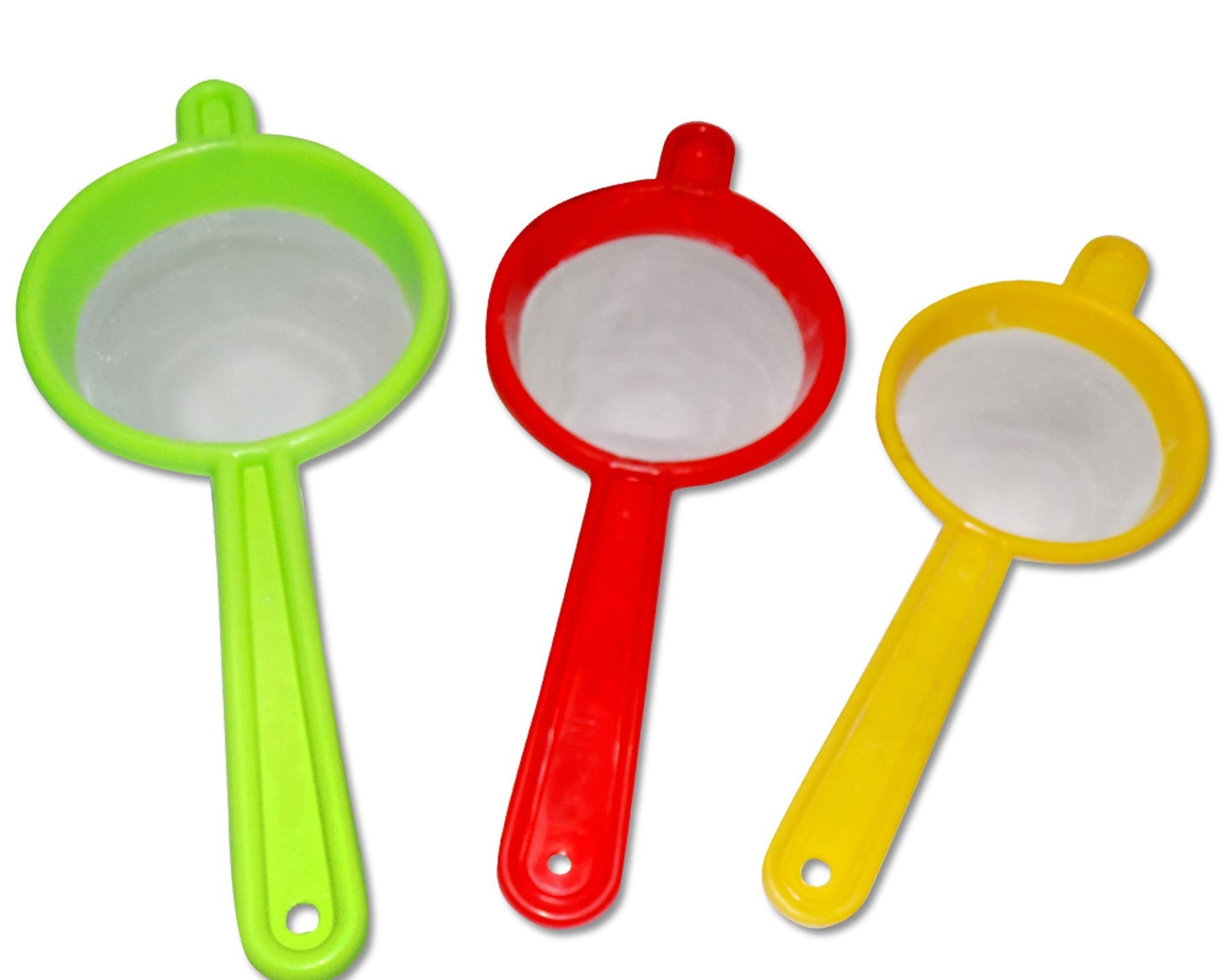 Pack of three tea and coffee strainers, made from durable plastic.