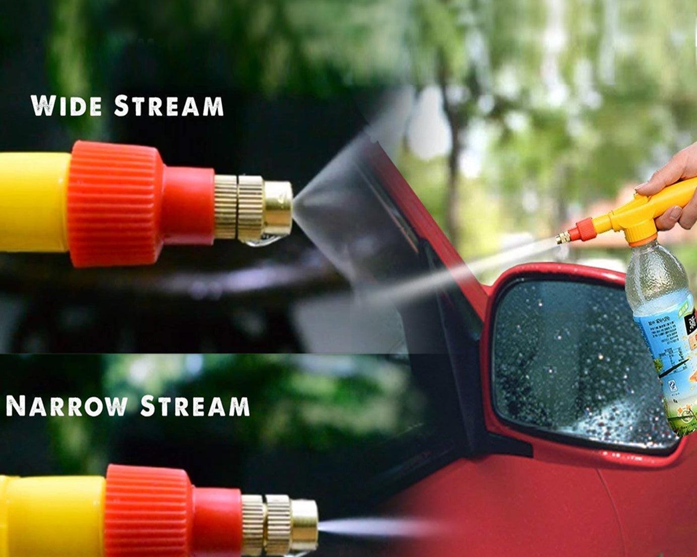 Pesticide bottle sprayer with adjustable settings.