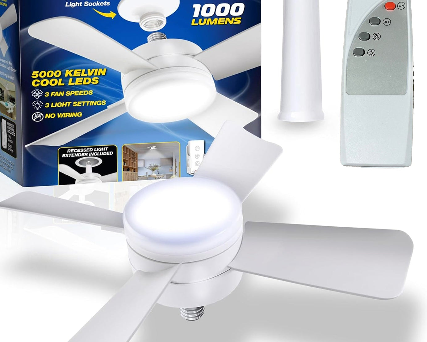 Socket Fan Light Original - Cool Light LED – Ceiling Fans with Lights and Remote Control, Replacement for Lightbulb - Bedroom, Kitchen, Living Room,1000 Lumens / 5000 Kelvins Cool LEDs (Remote Battery Not Included)