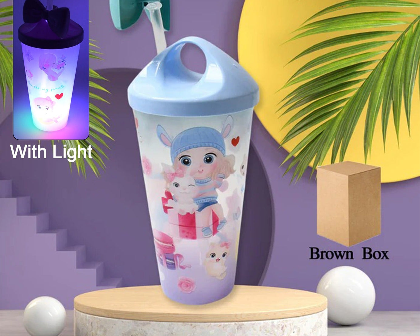 Unicorn Water Bottle with Straw & Lid for Kids (With Light)