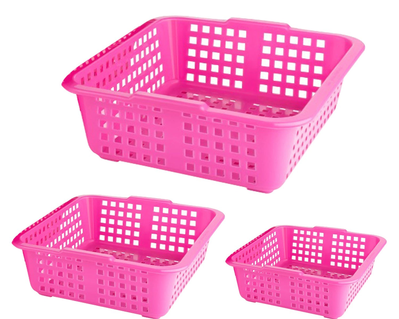 Plastic cane fruit baskets in large, medium, and small sizes