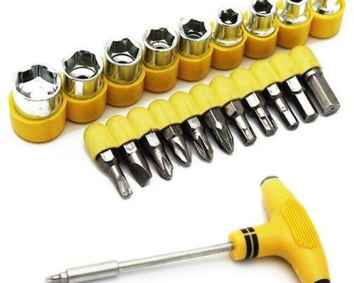24 pcs T-shape screwdriver set with ratchet and sockets.