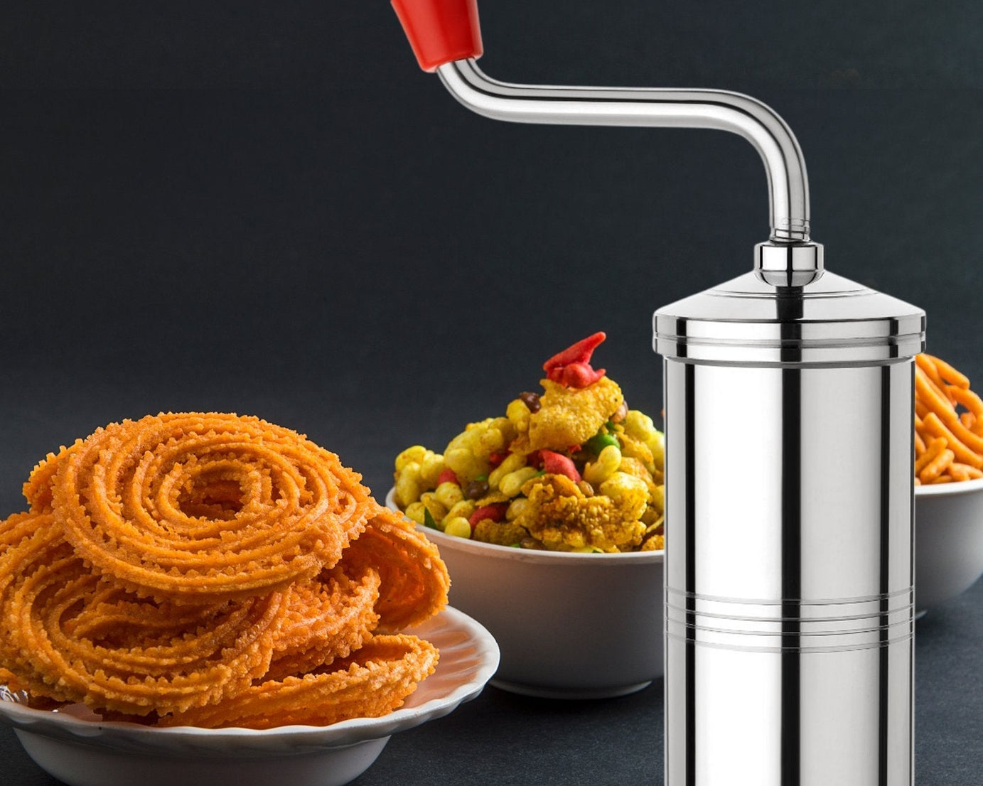 Different views of stainless steel muruku maker showing functionality