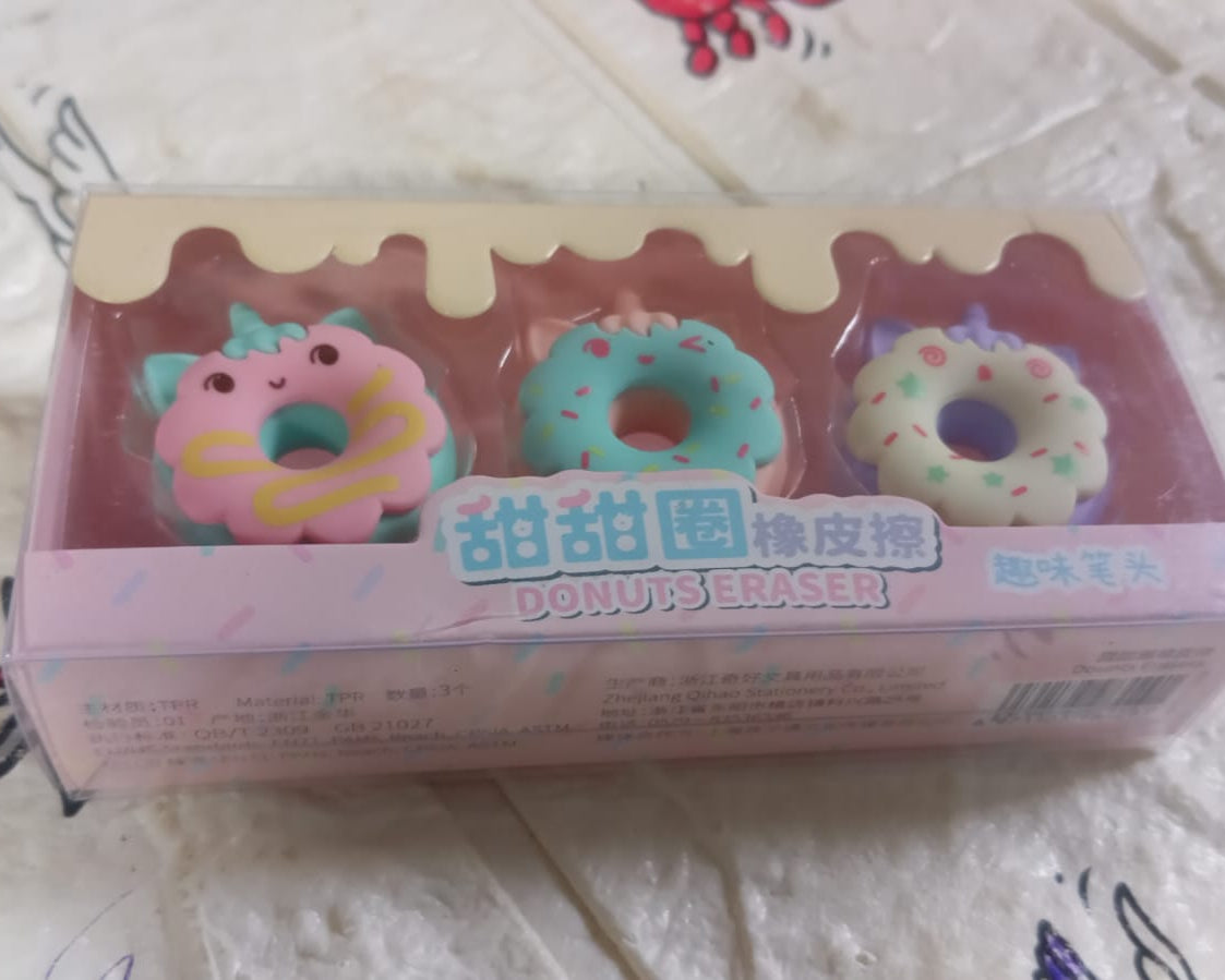 Tree Small Sized Cartoon Themed Non-Toxic Donut Erasers, School Stationery | for Kids - Boys & Girls | Birthday Gift |Return Gift (3pc Set)