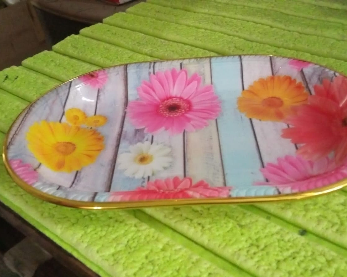 Medium Plastic Flower Printed Design Serving Tray (1 Pc / 31 x 21 CM / Mix Color)