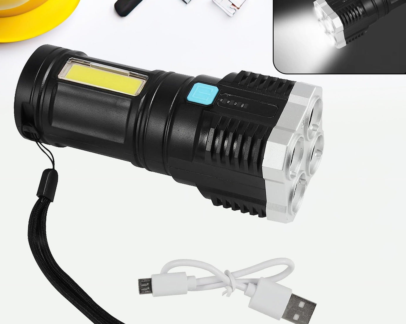 Multifunctional Strong 4 LED Torch Light, Portable Rechargeable Flashlight Long Distance Beam Range 800 Lumens COB Light 4 Mode Emergency for Hiking, Walking, Camping (4 LED Torch)