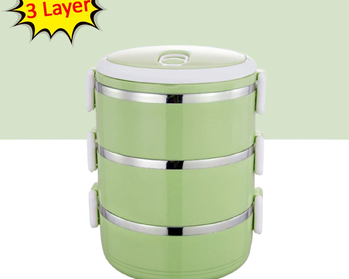 Multi-layered hot lunch box, three layers of stainless steel.