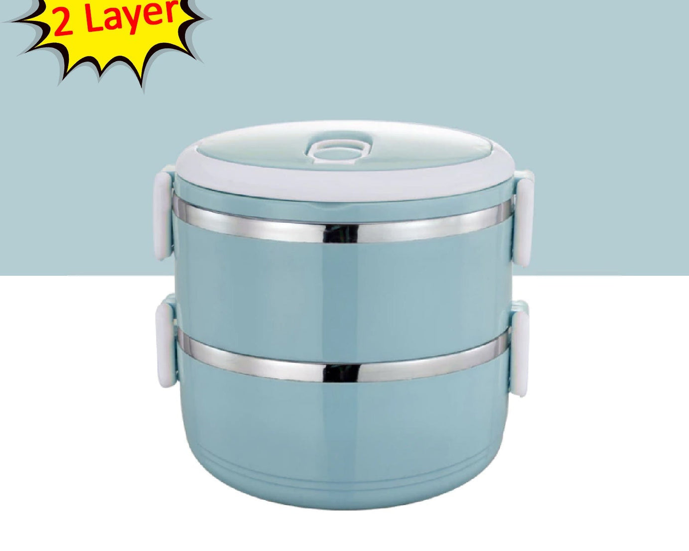 Stainless steel lunch box with two layers for hot food.