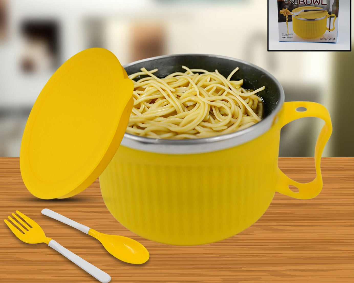Yellow soup bowl with handle, ideal for cereals, soups, fruits, and snacks. Dishwasher safe and durable for daily use.