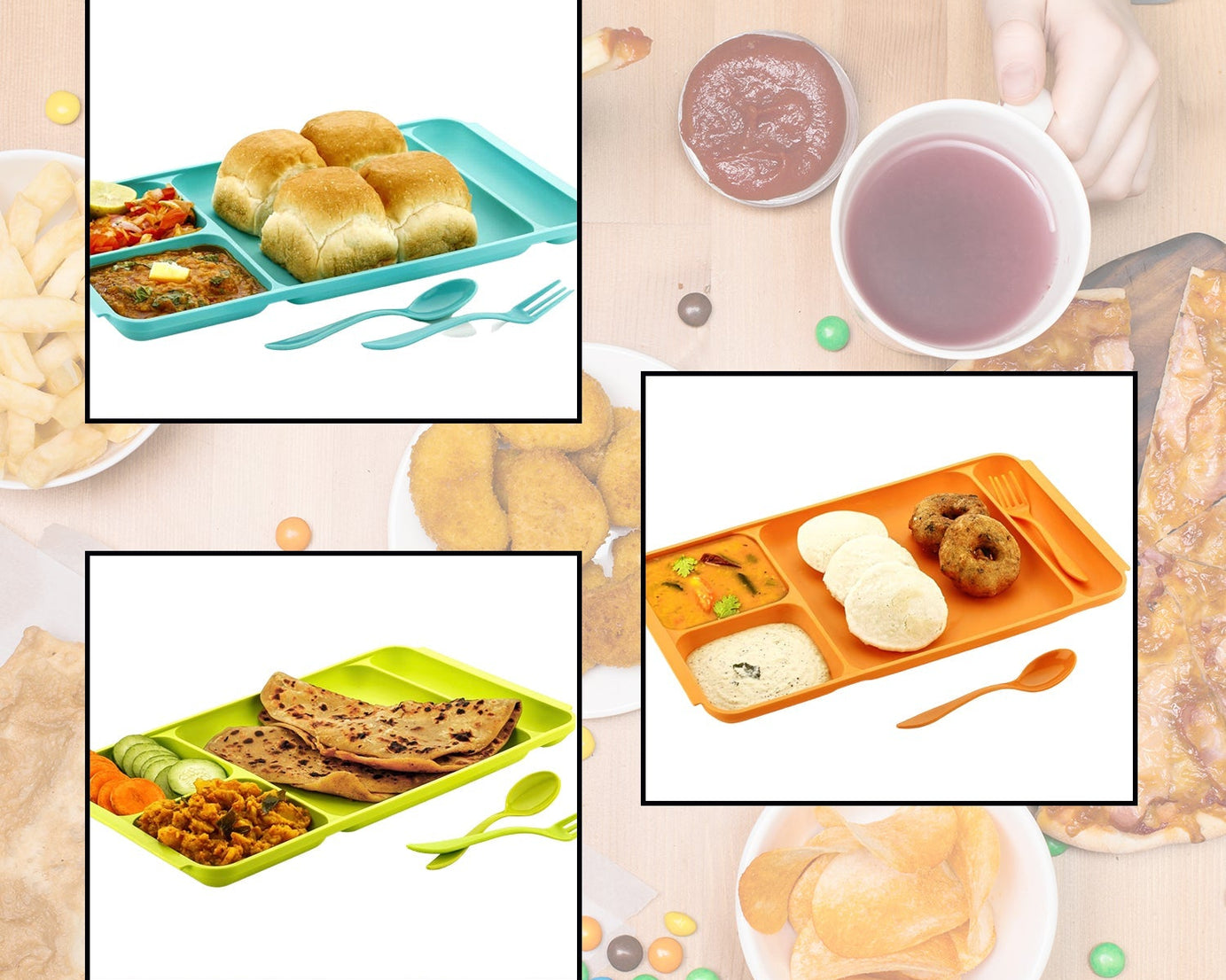 4-compartment plastic plate with spoon and fork, ideal for food