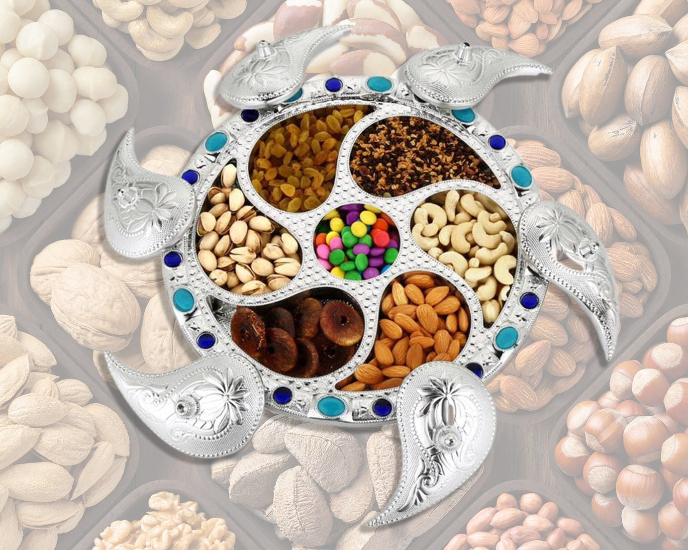 Rotating tray with seven compartments for snacks and spices