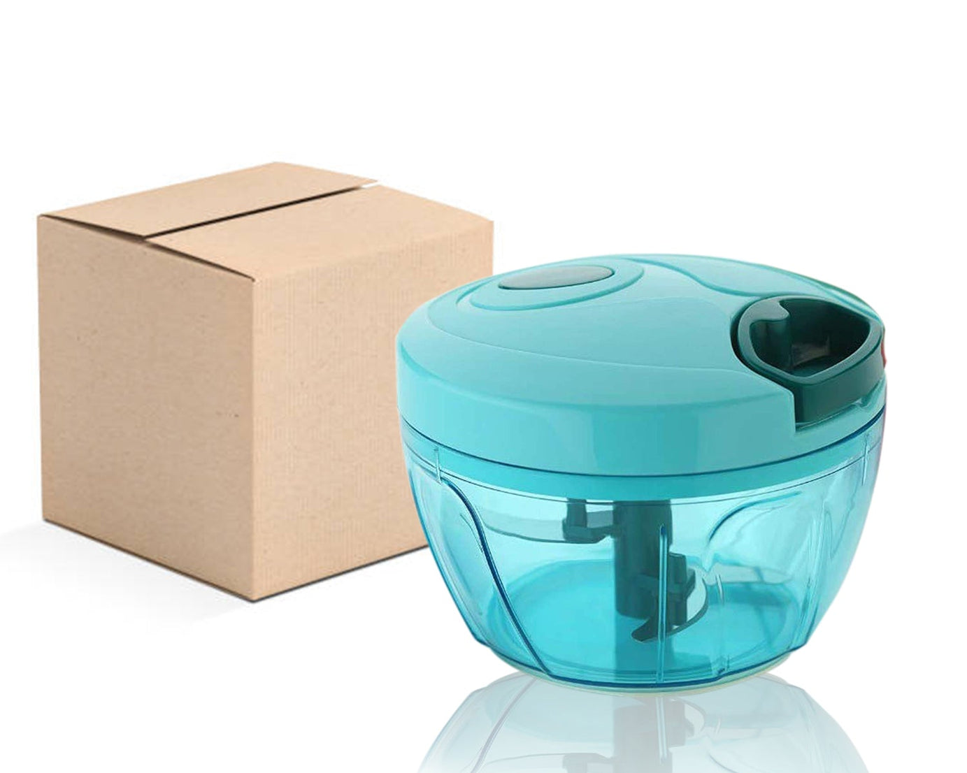 Compact vegetable chopper with stainless steel blades, shown in brown package box.