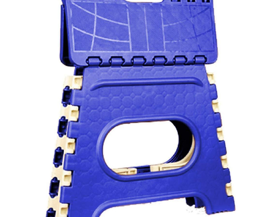 Multicolor 12-inch plastic folding step stool with a handle for kids and adults.